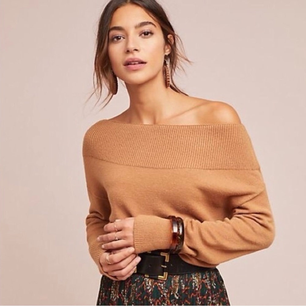 Moth Anthropologie Cottagecore Off-Shoulder Boat Neck Tight Knit Crop Sweater
